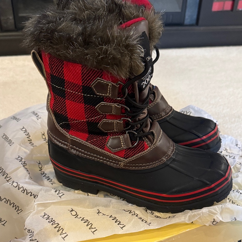 Plaid Winter Boots with Fur Trim
